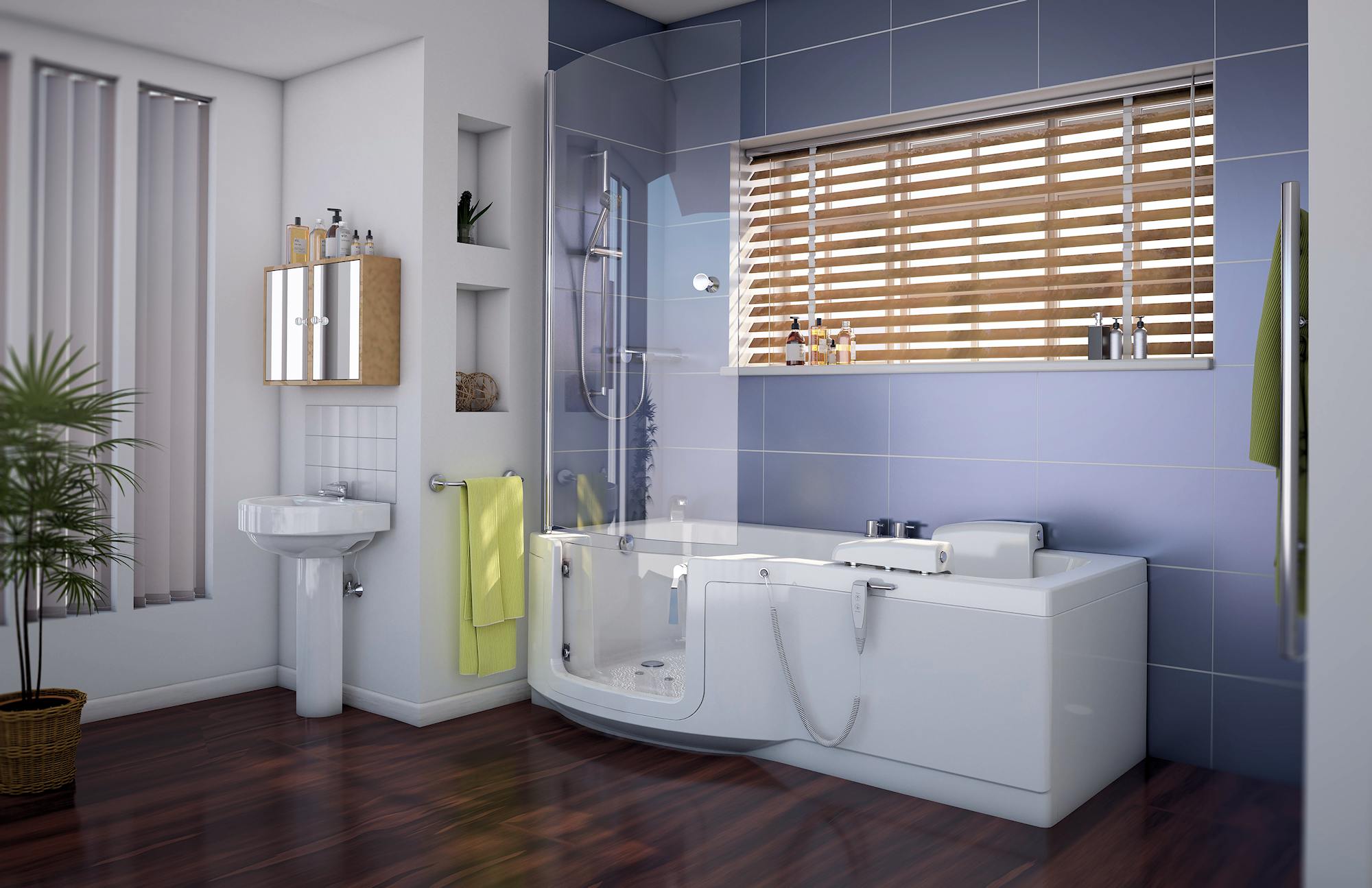 The Indiana p-shaped walk-in shower bath which can be optioned with hydrotherapy features as well as bluetooth audio and colour therapy features