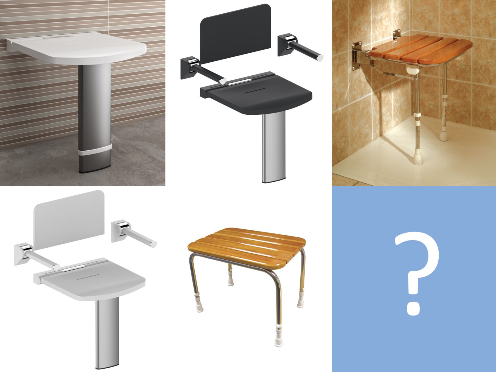Various shower seats, chairs and stools illustrating a buyer guide