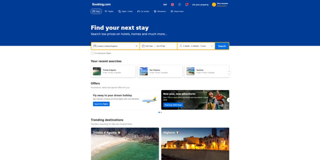 Screenshot of Booking.com website from desktop device
