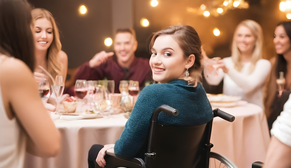 female wheelchair user at glamorous party celebrating accessibility