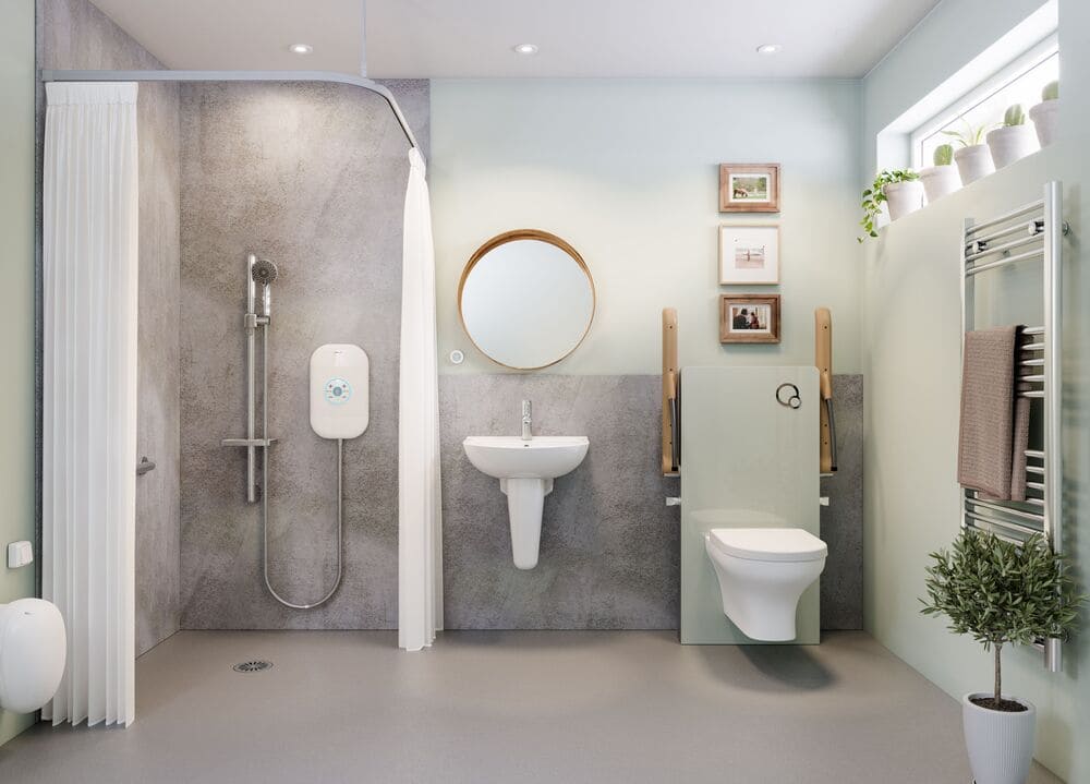 Wet Room Bathroom With Walk In Shower, Sink And Circular Mirror, Lifted Toilet Seat, Light Pastel Colour And Marble Tiled Walls