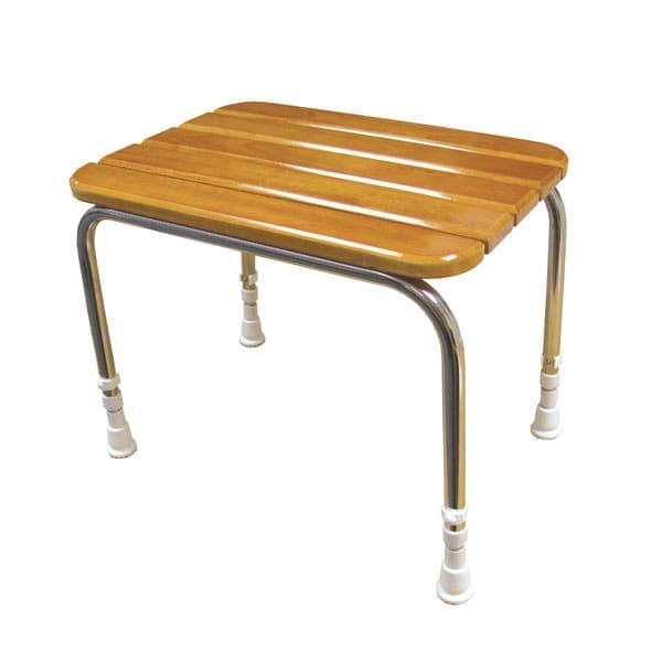 A wooden shower stool with a slatted seat and four sturdy metal legs featuring non-slip rubber feet for stability and safety in wet environments.