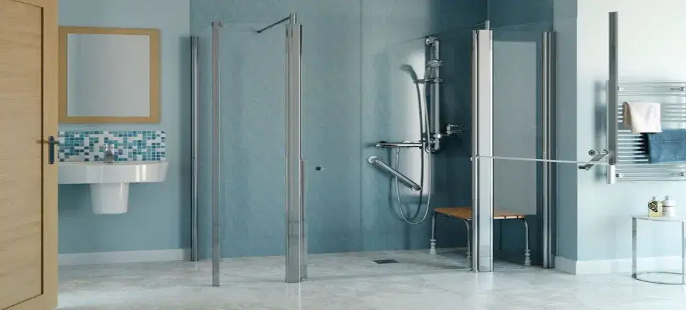 Stylish Wet Room to Bathroom With Tiled Sink, Walk In Shower And Wooden Shower Seat