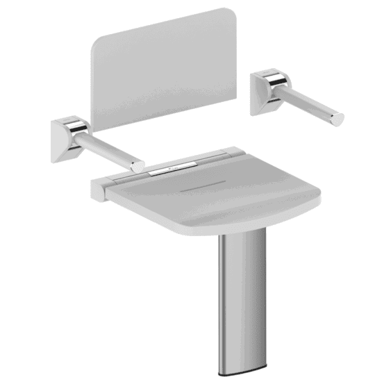 Modern wall-mounted folding shower seat with sleek grey finish, integrated backrest, and support leg for enhanced stability and safety during showering
