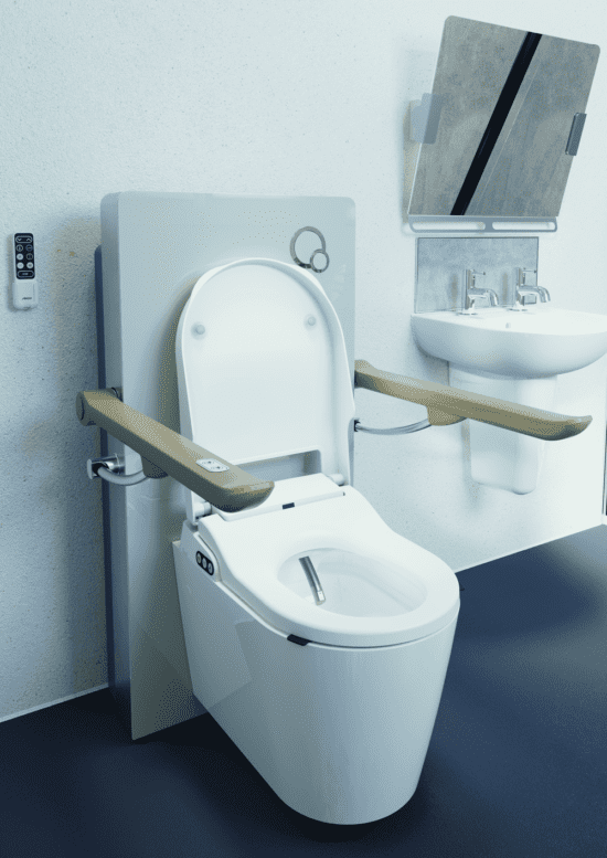 An accessible toilet and bidet with supportive armrests.