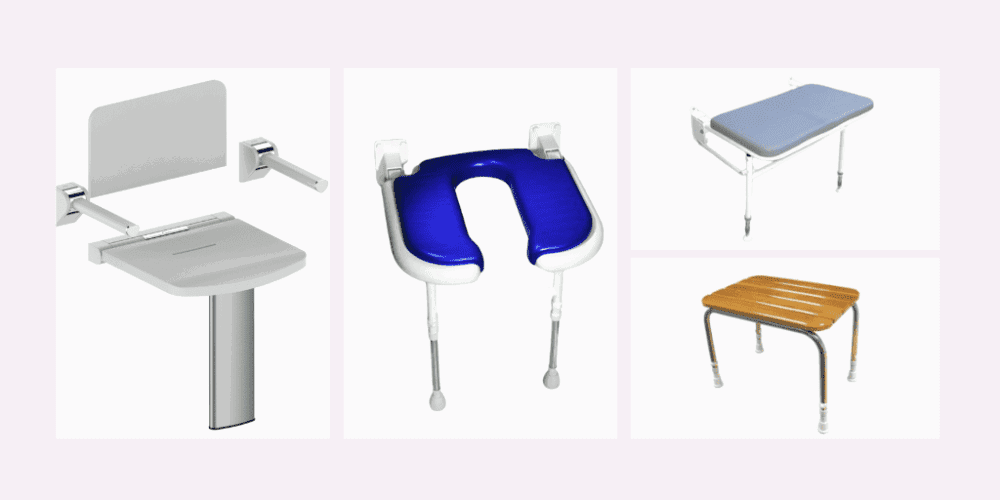A collage of four images showing a wall-mounted shower seat with armrests, a horseshoe-shaped shower seat with blue padding, a grey foldable bench-style shower seat and a freestanding wooden slatted shower stool.